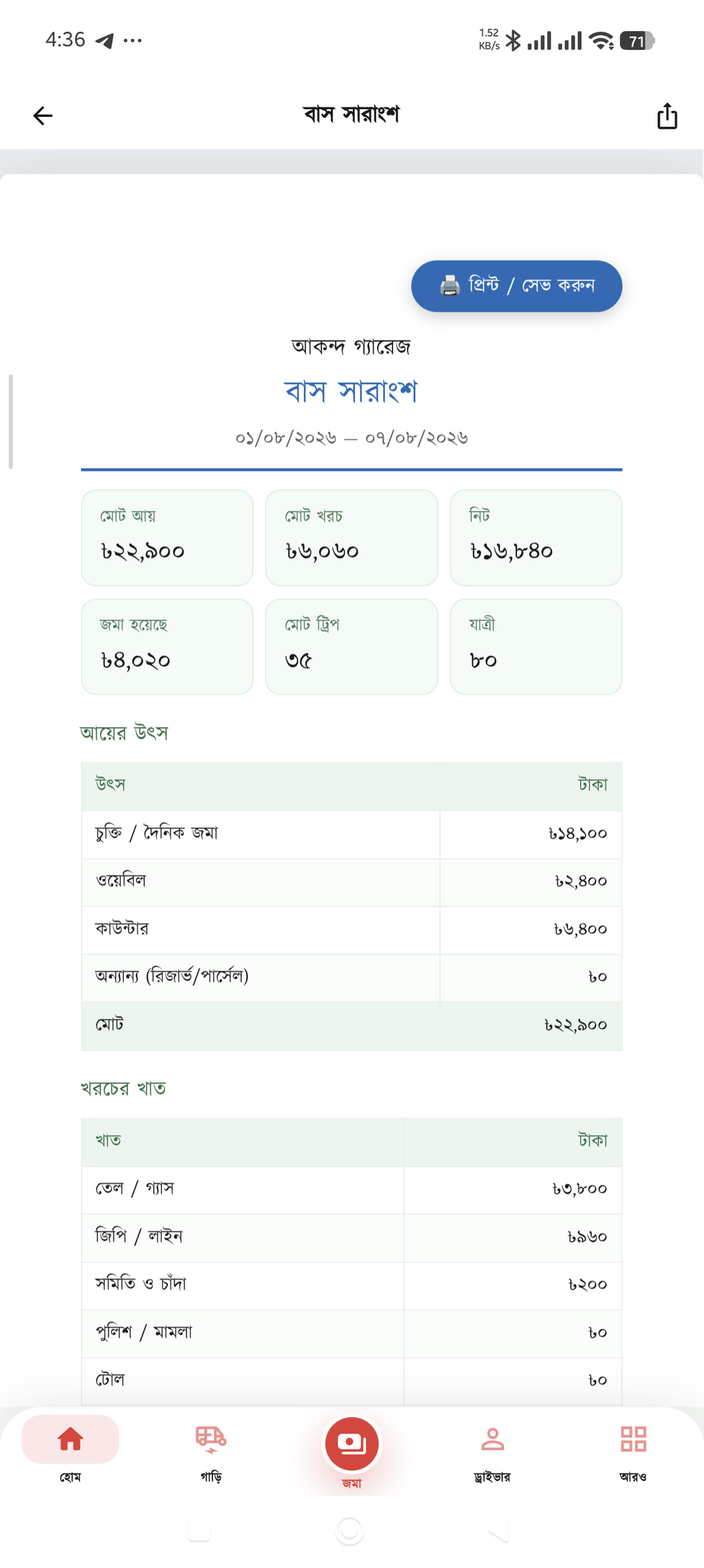 রিপোর্ট এক্সপোর্ট — এক পাতার ফাইল, প্রিন্ট বা শেয়ার